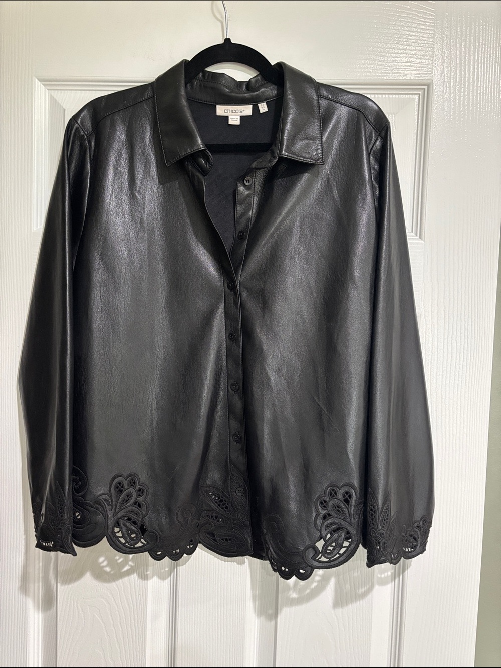 Chico's Black Faux Leather Button-Front Shirt with Laser-Cut Scalloped Hem